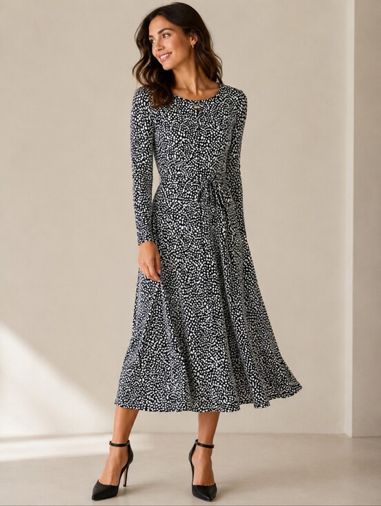 Boden Dresses & Skirts - Boden Lucy EcoVero Tie Waist Midi Dress Black White Pebble Print Long Sleeve 4